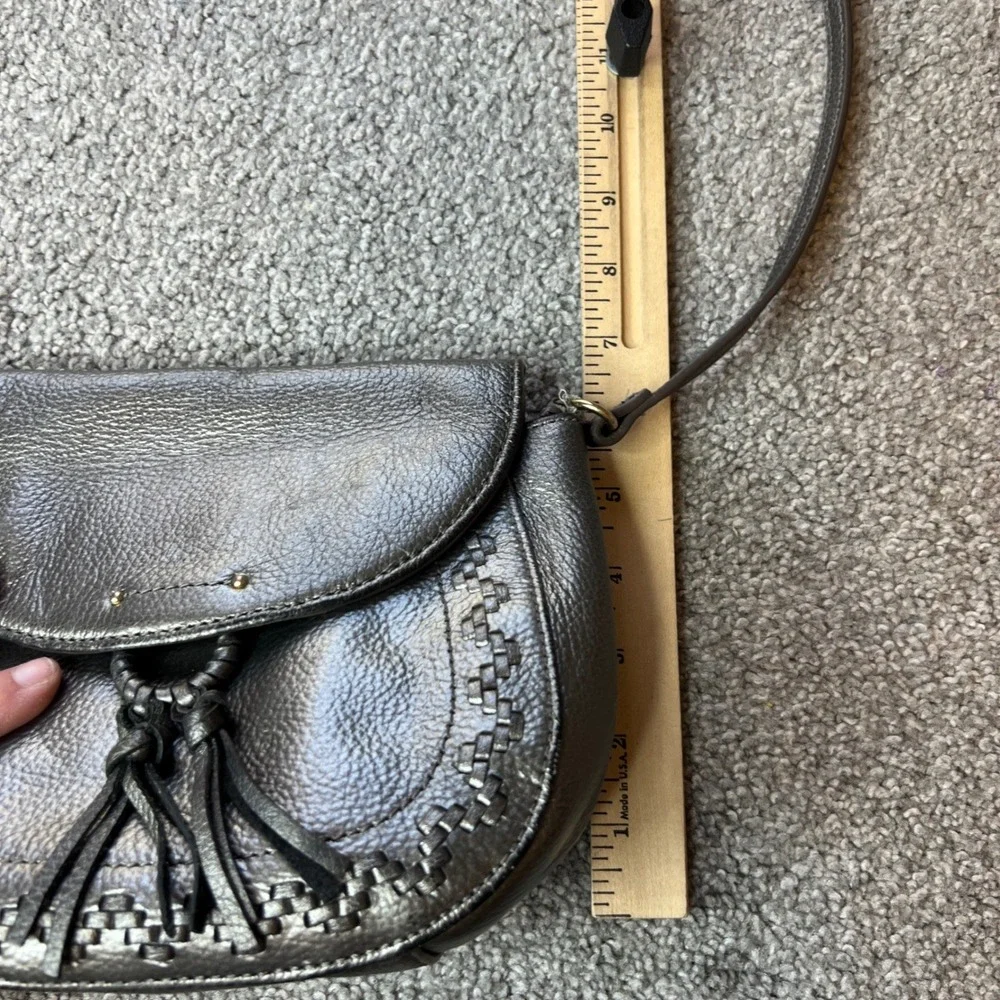 Tignanello purse pebbled Leather grey Crossbody Bag Tassel metallic chic fashion